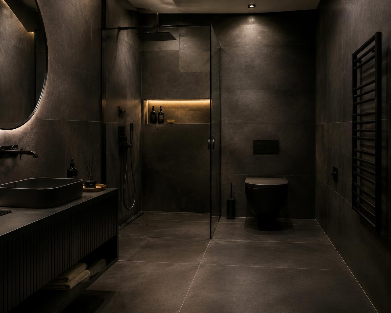 Dark contemporary en-suite with walk-in shower