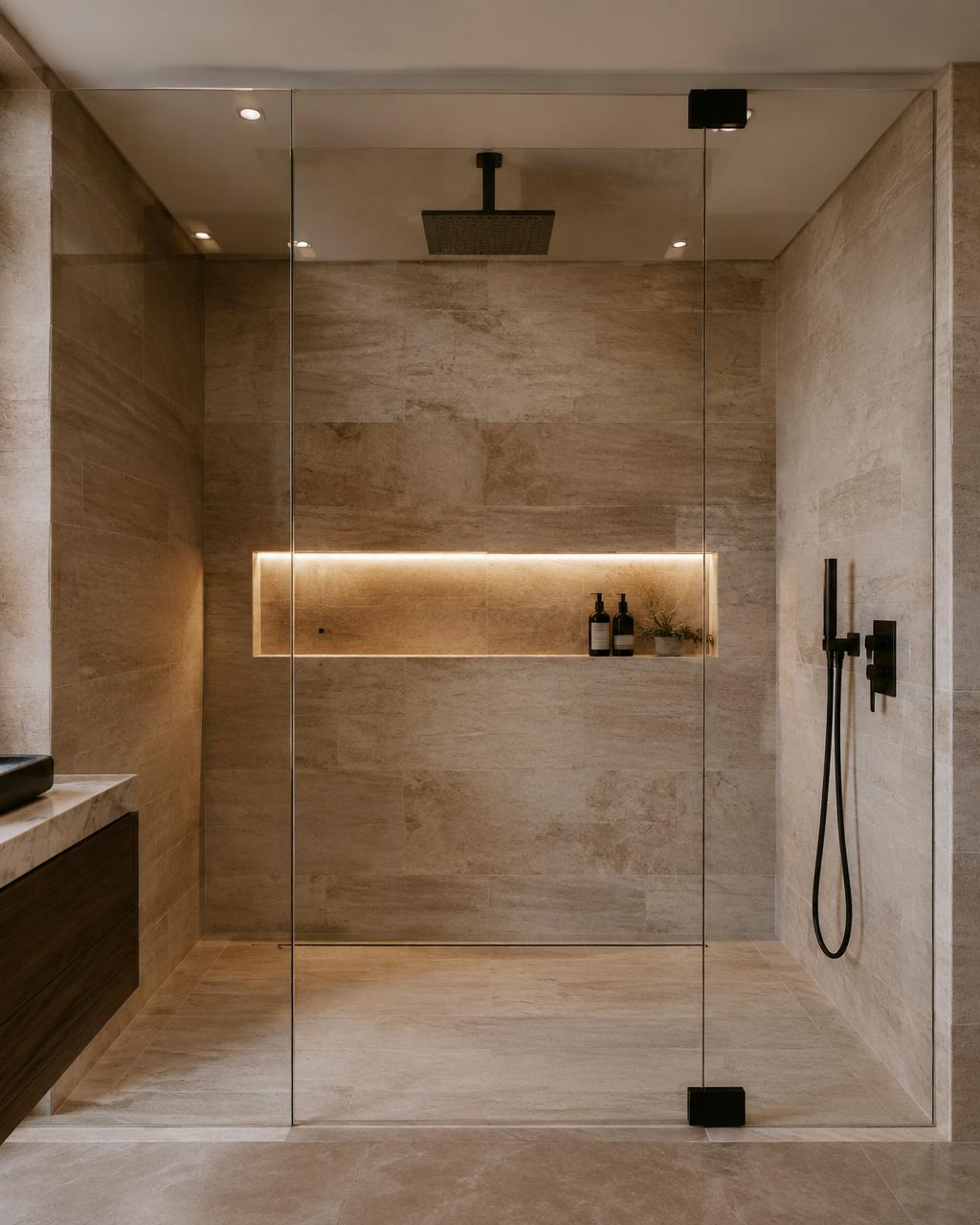 Walk-in shower with travertine tiles
